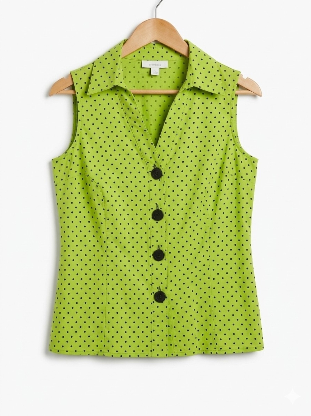 Vintage Dressbarn Lime Green Polka Dot Sleeveless Blouse Button Front Size M